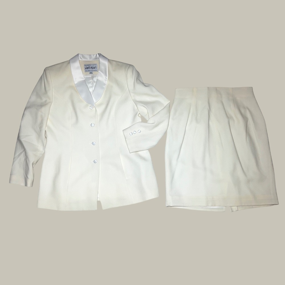 Lord & Taylor American Petite Cream White 100% Wool Skirt Suit Satin Trim 14P